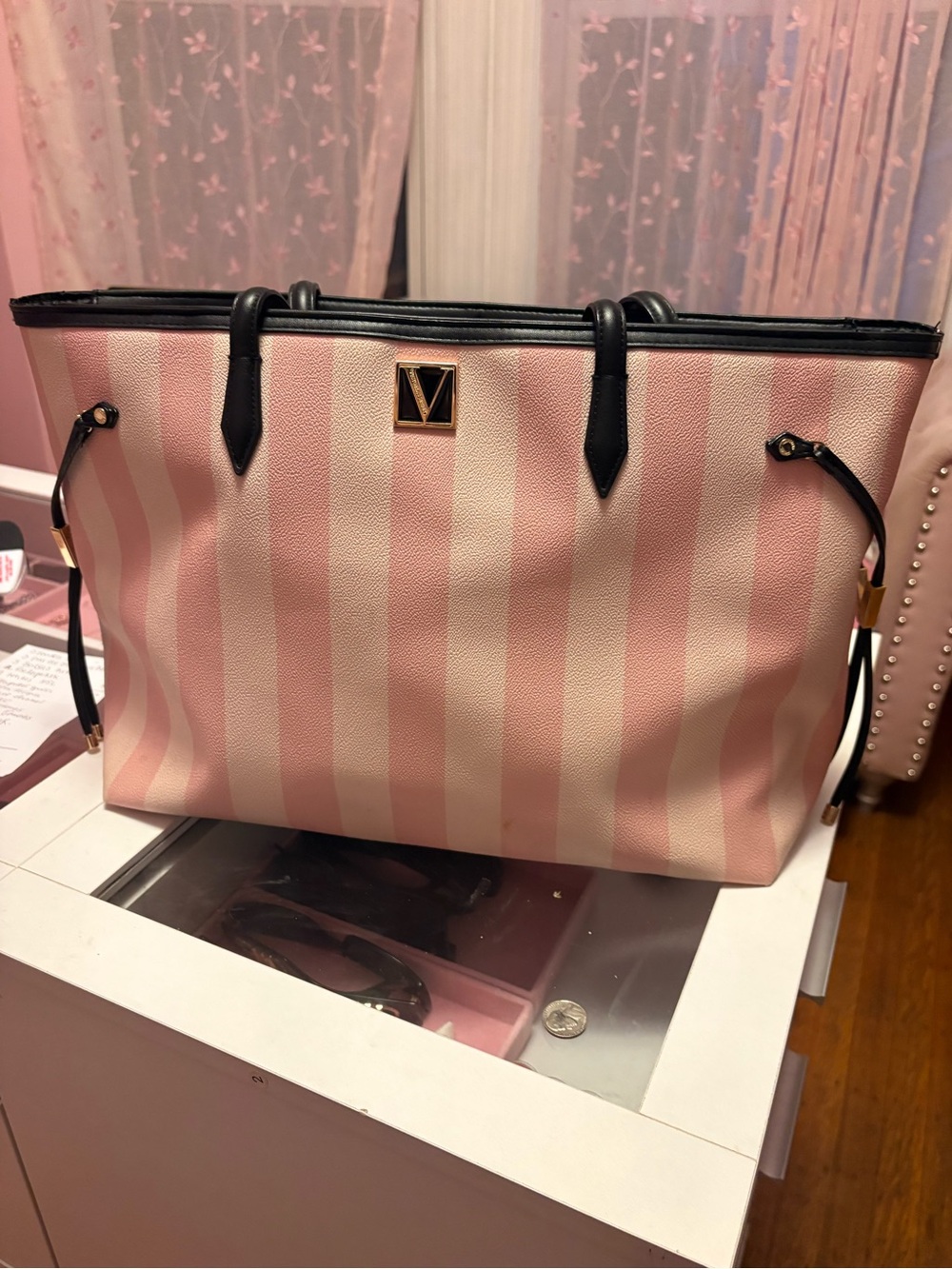 Victoria's Secret Pink and Cream Striped Tote with Black Trim